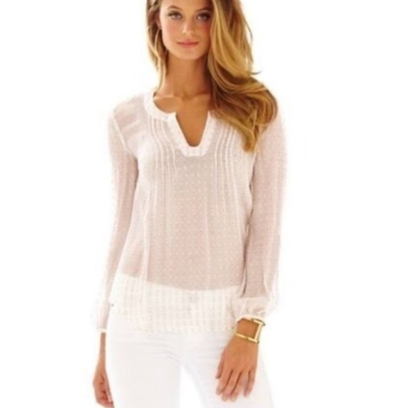 Lilly Pulitzer Tops - Lilly Pulitzer Cream Gold Colby Silk Metallic Dot Sheer Blouse Large B